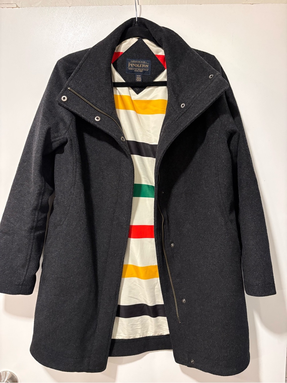 Pendleton Black Wool Blend Pea Coat with Striped Lining
